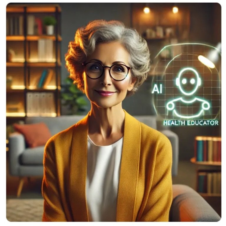 AI-generated illustration of a friendly AI sex educator with gray hair and glasses, the Dr Sex Ed educator inspired by Dr Ruth