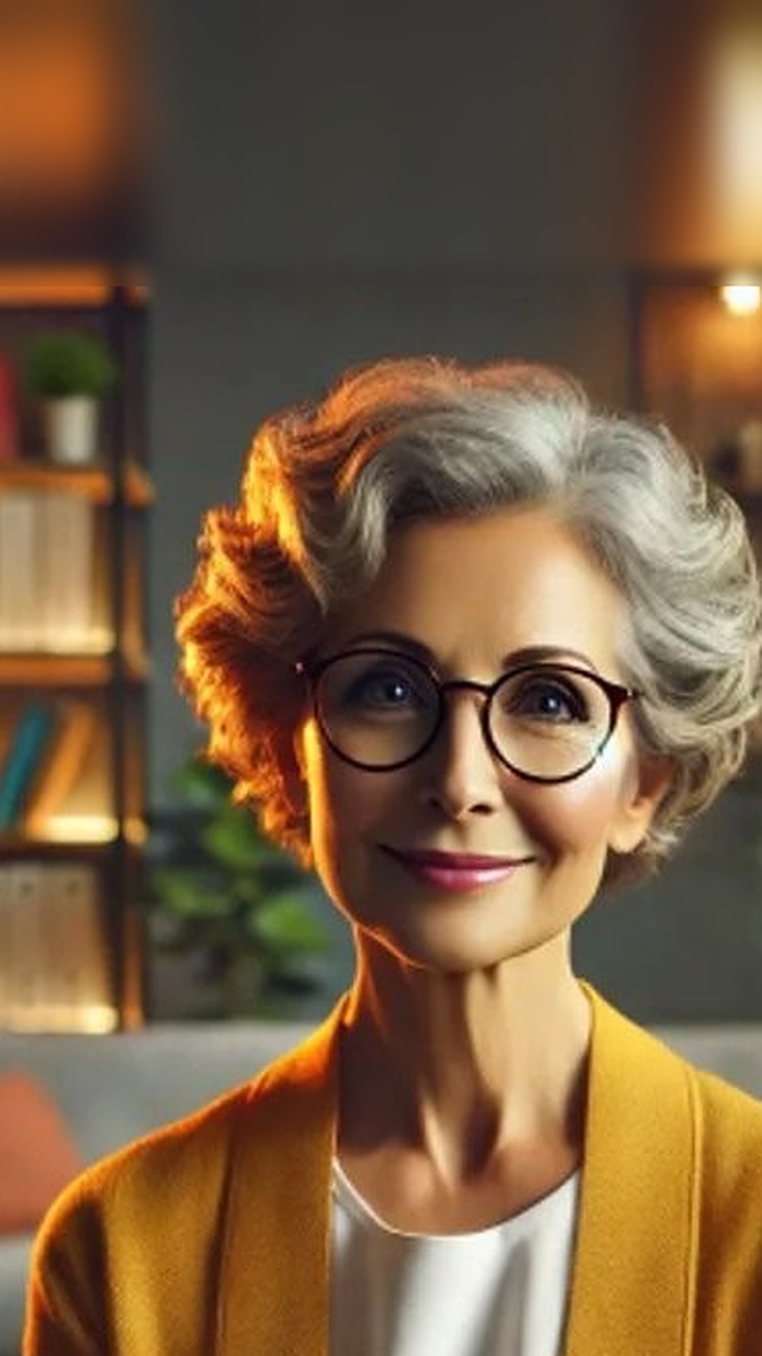 AI-generated portrait of a warm, smiling sex educator with glasses in a cozy library
