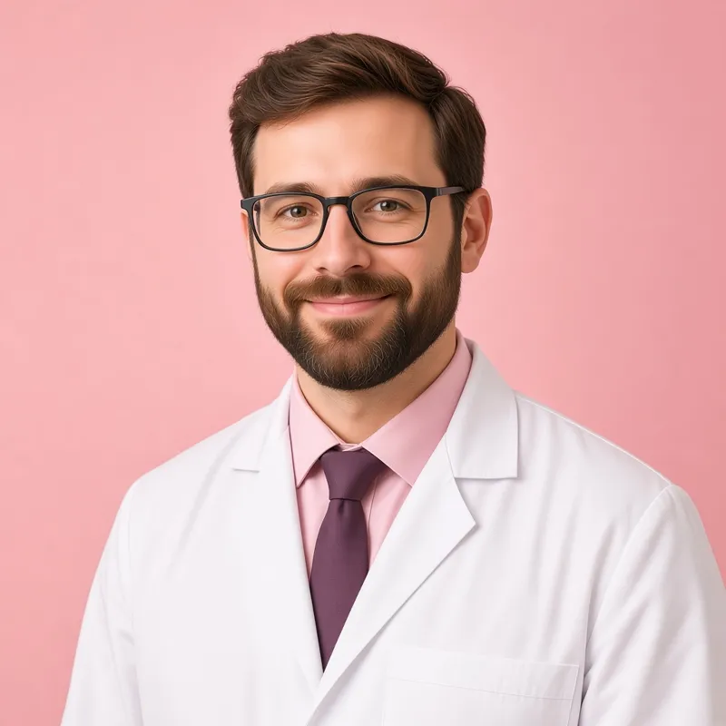 Dr Ed, the AI sex educator avatar from Dr Sex Ed: a smiling bearded man with glasses in a white coat against a pink background